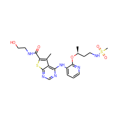 Cc1c(C(=O)NCCO)sc2ncnc(Nc3cccnc3O[C@@H](C)CCNS(C)(=O)=O)c12 ZINC000118823757