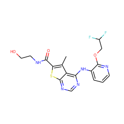 Cc1c(C(=O)NCCO)sc2ncnc(Nc3cccnc3OCC(F)F)c12 ZINC000139898378