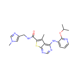 Cc1c(C(=O)NCc2cn(C)cn2)sc2ncnc(Nc3cccnc3OC(C)C)c12 ZINC000118818125