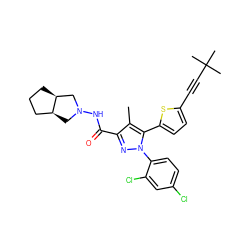 Cc1c(C(=O)NN2C[C@H]3CCC[C@H]3C2)nn(-c2ccc(Cl)cc2Cl)c1-c1ccc(C#CC(C)(C)C)s1 ZINC000042891851