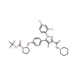 Cc1c(C(=O)NN2CCCCC2)nn(-c2ccc(Cl)cc2Cl)c1-c1ccc(O[C@@H]2CCCN2C(=O)OC(C)(C)C)cc1 ZINC000095607578