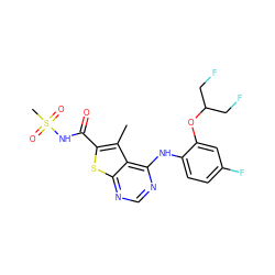 Cc1c(C(=O)NS(C)(=O)=O)sc2ncnc(Nc3ccc(F)cc3OC(CF)CF)c12 ZINC000169708367