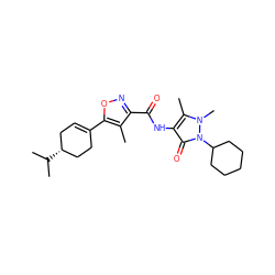 Cc1c(C(=O)Nc2c(C)n(C)n(C3CCCCC3)c2=O)noc1C1=CC[C@@H](C(C)C)CC1 ZINC001772648991