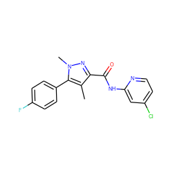 Cc1c(C(=O)Nc2cc(Cl)ccn2)nn(C)c1-c1ccc(F)cc1 ZINC000095602240