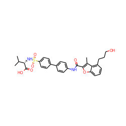 Cc1c(C(=O)Nc2ccc(-c3ccc(S(=O)(=O)N[C@H](C(=O)O)C(C)C)cc3)cc2)oc2cccc(CCCO)c12 ZINC000043024007