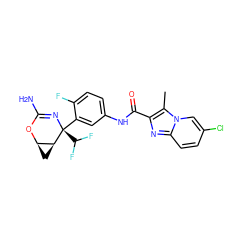 Cc1c(C(=O)Nc2ccc(F)c([C@@]3(C(F)F)N=C(N)O[C@@H]4C[C@@H]43)c2)nc2ccc(Cl)cn12 ZINC000226083076