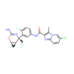 Cc1c(C(=O)Nc2ccc(F)c([C@@]3(CF)N=C(N)O[C@@H]4C[C@@H]43)c2)nc2ccc(Cl)cn12 ZINC000226087894