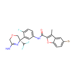 Cc1c(C(=O)Nc2ccc(F)c([C@]3(C(F)F)COCC(N)=N3)c2)oc2ccc(Br)cc12 ZINC000113657080