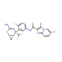 Cc1c(C(=O)Nc2ccc(F)c([C@]3(C(F)F)N=C(N)O[C@H]4C[C@H]43)c2)nc2ccc(Cl)cn12 ZINC000220649751