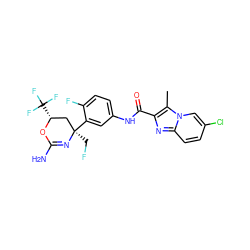 Cc1c(C(=O)Nc2ccc(F)c([C@]3(CF)C[C@@H](C(F)(F)F)OC(N)=N3)c2)nc2ccc(Cl)cn12 ZINC000218659158