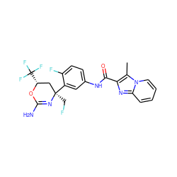 Cc1c(C(=O)Nc2ccc(F)c([C@]3(CF)C[C@@H](C(F)(F)F)OC(N)=N3)c2)nc2ccccn12 ZINC000221043638