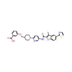 Cc1c(C(=O)Nc2ccc(N3CCC(COc4cccc(C(=O)O)c4)CC3)nc2)oc2ccc(-c3nccs3)cc12 ZINC000095590690