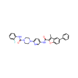 Cc1c(C(=O)Nc2ccc(N3CCN(C(=O)Nc4ccccc4F)CC3)nc2)oc2ccc(-c3ccccc3)cc12 ZINC000095589241