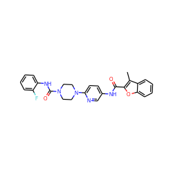 Cc1c(C(=O)Nc2ccc(N3CCN(C(=O)Nc4ccccc4F)CC3)nc2)oc2ccccc12 ZINC000095592549