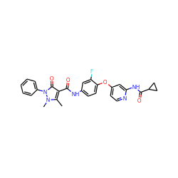 Cc1c(C(=O)Nc2ccc(Oc3ccnc(NC(=O)C4CC4)c3)c(F)c2)c(=O)n(-c2ccccc2)n1C ZINC000142927617