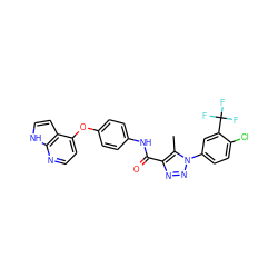 Cc1c(C(=O)Nc2ccc(Oc3ccnc4[nH]ccc34)cc2)nnn1-c1ccc(Cl)c(C(F)(F)F)c1 ZINC000653717519