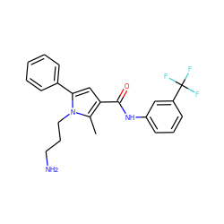 Cc1c(C(=O)Nc2cccc(C(F)(F)F)c2)cc(-c2ccccc2)n1CCCN ZINC000220734864