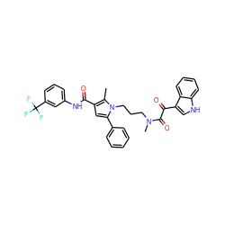 Cc1c(C(=O)Nc2cccc(C(F)(F)F)c2)cc(-c2ccccc2)n1CCCN(C)C(=O)C(=O)c1c[nH]c2ccccc12 ZINC000221030343