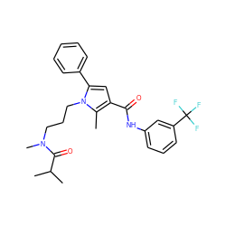 Cc1c(C(=O)Nc2cccc(C(F)(F)F)c2)cc(-c2ccccc2)n1CCCN(C)C(=O)C(C)C ZINC000221034292