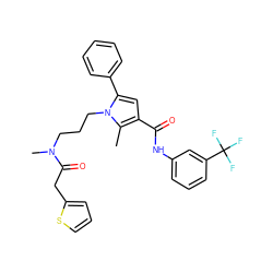 Cc1c(C(=O)Nc2cccc(C(F)(F)F)c2)cc(-c2ccccc2)n1CCCN(C)C(=O)Cc1cccs1 ZINC000221026568