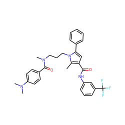 Cc1c(C(=O)Nc2cccc(C(F)(F)F)c2)cc(-c2ccccc2)n1CCCN(C)C(=O)c1ccc(N(C)C)cc1 ZINC000221030512