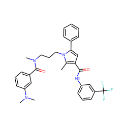 Cc1c(C(=O)Nc2cccc(C(F)(F)F)c2)cc(-c2ccccc2)n1CCCN(C)C(=O)c1cccc(N(C)C)c1 ZINC000221028133