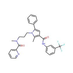 Cc1c(C(=O)Nc2cccc(C(F)(F)F)c2)cc(-c2ccccc2)n1CCCN(C)C(=O)c1ccccn1 ZINC000221026821