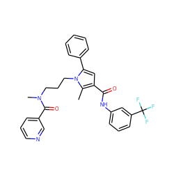 Cc1c(C(=O)Nc2cccc(C(F)(F)F)c2)cc(-c2ccccc2)n1CCCN(C)C(=O)c1cccnc1 ZINC000221030079