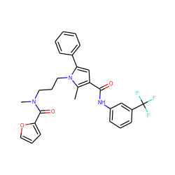 Cc1c(C(=O)Nc2cccc(C(F)(F)F)c2)cc(-c2ccccc2)n1CCCN(C)C(=O)c1ccco1 ZINC000221035339