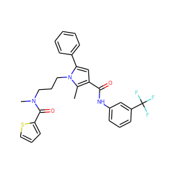 Cc1c(C(=O)Nc2cccc(C(F)(F)F)c2)cc(-c2ccccc2)n1CCCN(C)C(=O)c1cccs1 ZINC000221035671