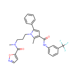 Cc1c(C(=O)Nc2cccc(C(F)(F)F)c2)cc(-c2ccccc2)n1CCCN(C)C(=O)c1ccno1 ZINC000221027522