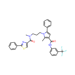 Cc1c(C(=O)Nc2cccc(C(F)(F)F)c2)cc(-c2ccccc2)n1CCCN(C)C(=O)c1csc(-c2ccccc2)n1 ZINC000221027448