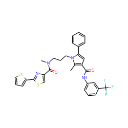 Cc1c(C(=O)Nc2cccc(C(F)(F)F)c2)cc(-c2ccccc2)n1CCCN(C)C(=O)c1csc(-c2cccs2)n1 ZINC000221035091