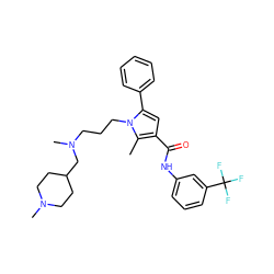 Cc1c(C(=O)Nc2cccc(C(F)(F)F)c2)cc(-c2ccccc2)n1CCCN(C)CC1CCN(C)CC1 ZINC000221033588