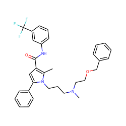 Cc1c(C(=O)Nc2cccc(C(F)(F)F)c2)cc(-c2ccccc2)n1CCCN(C)CCOCc1ccccc1 ZINC000221033854