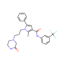 Cc1c(C(=O)Nc2cccc(C(F)(F)F)c2)cc(-c2ccccc2)n1CCCN1CCNC(=O)C1 ZINC000220823713