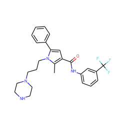 Cc1c(C(=O)Nc2cccc(C(F)(F)F)c2)cc(-c2ccccc2)n1CCCN1CCNCC1 ZINC000221026640