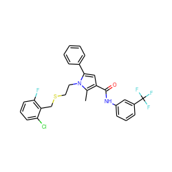 Cc1c(C(=O)Nc2cccc(C(F)(F)F)c2)cc(-c2ccccc2)n1CCSCc1c(F)cccc1Cl ZINC000095704587