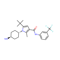 Cc1c(C(=O)Nc2cccc(C(F)(F)F)c2)cc(C(C)(C)C)n1[C@H]1CC[C@H](N)CC1 ZINC001772597917