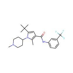 Cc1c(C(=O)Nc2cccc(C(F)(F)F)c2)cc(C(C)(C)C)n1C1CCN(C)CC1 ZINC000220775738