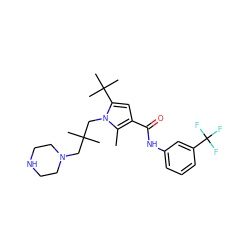 Cc1c(C(=O)Nc2cccc(C(F)(F)F)c2)cc(C(C)(C)C)n1CC(C)(C)CN1CCNCC1 ZINC000220830207