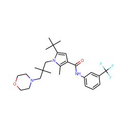 Cc1c(C(=O)Nc2cccc(C(F)(F)F)c2)cc(C(C)(C)C)n1CC(C)(C)CN1CCOCC1 ZINC000220829009