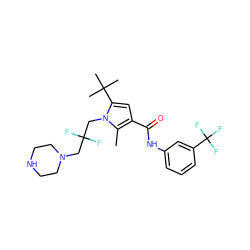 Cc1c(C(=O)Nc2cccc(C(F)(F)F)c2)cc(C(C)(C)C)n1CC(F)(F)CN1CCNCC1 ZINC000220845053