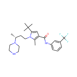 Cc1c(C(=O)Nc2cccc(C(F)(F)F)c2)cc(C(C)(C)C)n1CC[C@@H](C)N1CCNCC1 ZINC000220830293