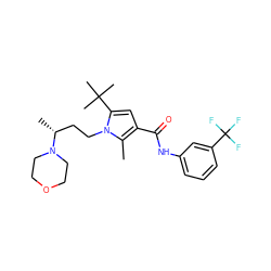 Cc1c(C(=O)Nc2cccc(C(F)(F)F)c2)cc(C(C)(C)C)n1CC[C@@H](C)N1CCOCC1 ZINC000220817446