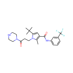 Cc1c(C(=O)Nc2cccc(C(F)(F)F)c2)cc(C(C)(C)C)n1CCC(=O)N1CCNCC1 ZINC000220817289