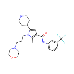 Cc1c(C(=O)Nc2cccc(C(F)(F)F)c2)cc(C2CCNCC2)n1CCCN1CCOCC1 ZINC000220764360