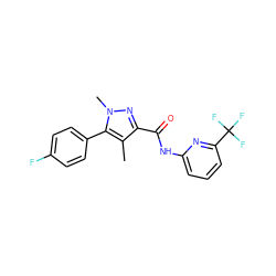 Cc1c(C(=O)Nc2cccc(C(F)(F)F)n2)nn(C)c1-c1ccc(F)cc1 ZINC000095602214