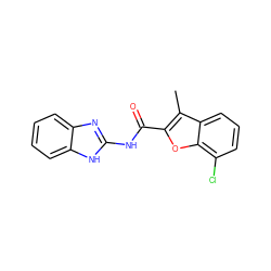 Cc1c(C(=O)Nc2nc3ccccc3[nH]2)oc2c(Cl)cccc12 ZINC000003428133