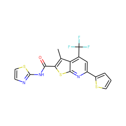 Cc1c(C(=O)Nc2nccs2)sc2nc(-c3cccs3)cc(C(F)(F)F)c12 ZINC000008673003